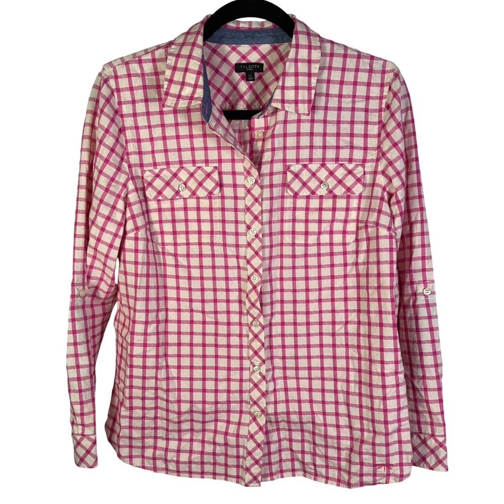 Talbots Petites Pink White Plaid Metallic Button Down Shirt Womens LP Lo Sleeve